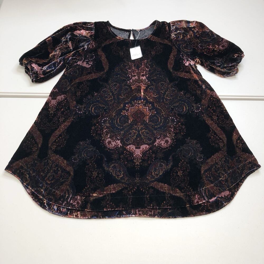 FREE PEOPLE Maye Puff Sleeve Printed Velvet Tunic Medium Dark Black OB1584852